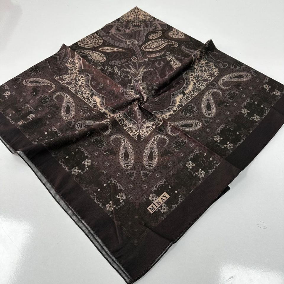 120x120 Etnik Desenli Soft Pamuk Eşarp - Sütlü Kahve