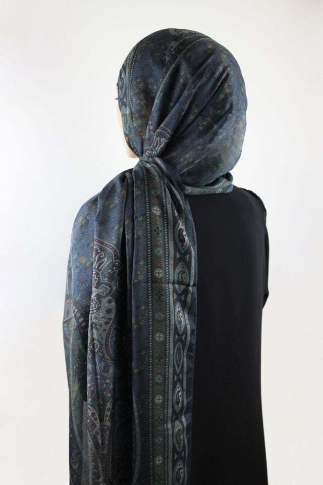 Etnik Vintage Desenli İnce Pamuklu Vual Şal - Lacivert
