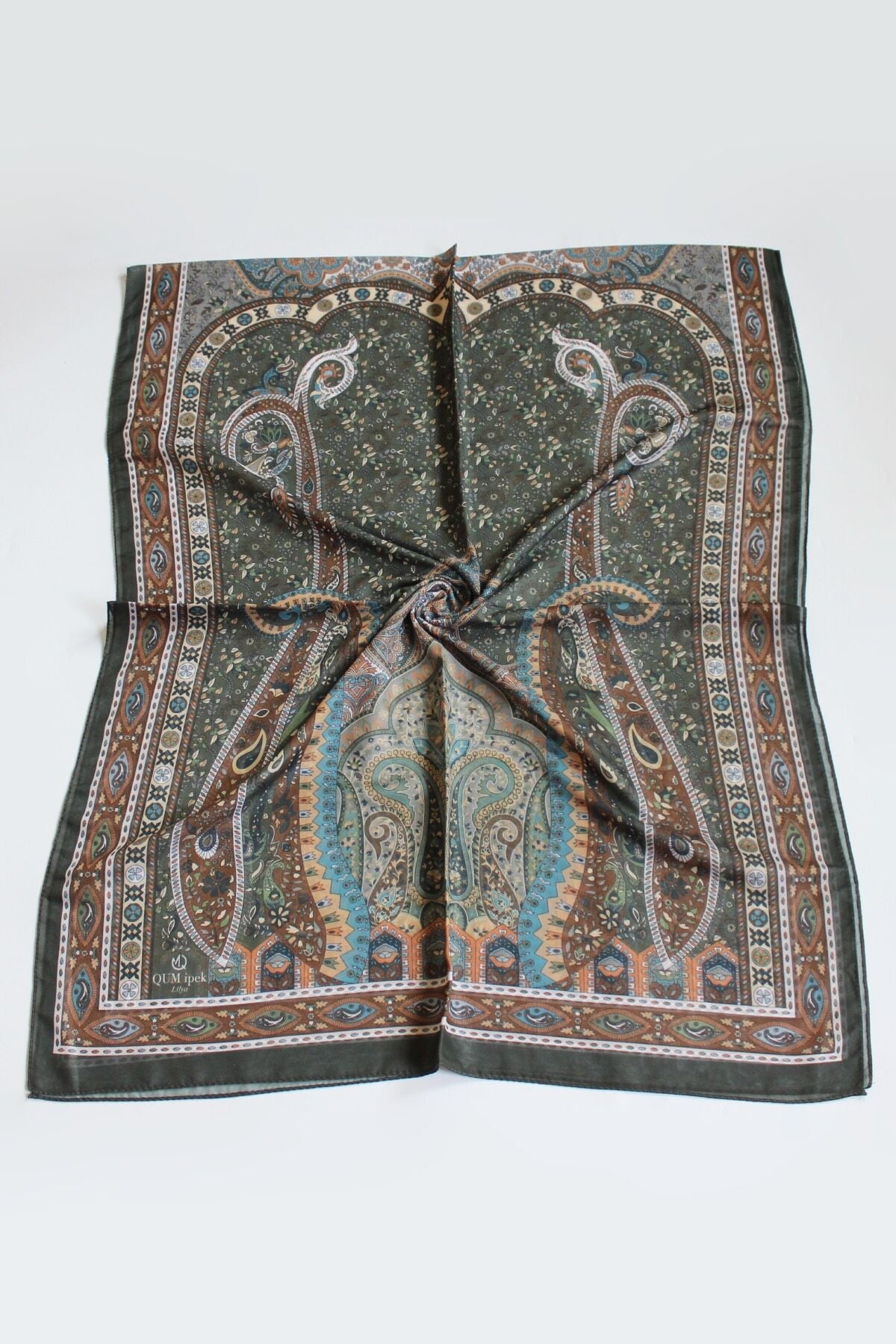 Etnik Vintage Desenli İnce Pamuklu Vual Şal - Yeşil