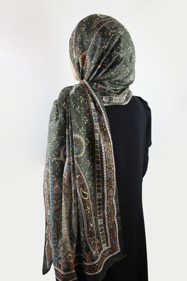 Etnik Vintage Desenli İnce Pamuklu Vual Şal - Yeşil