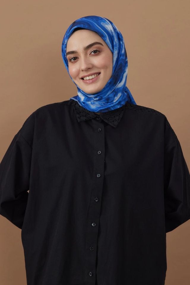 110x110 Mermer Desenli Pamuklu Eşarp - Saks