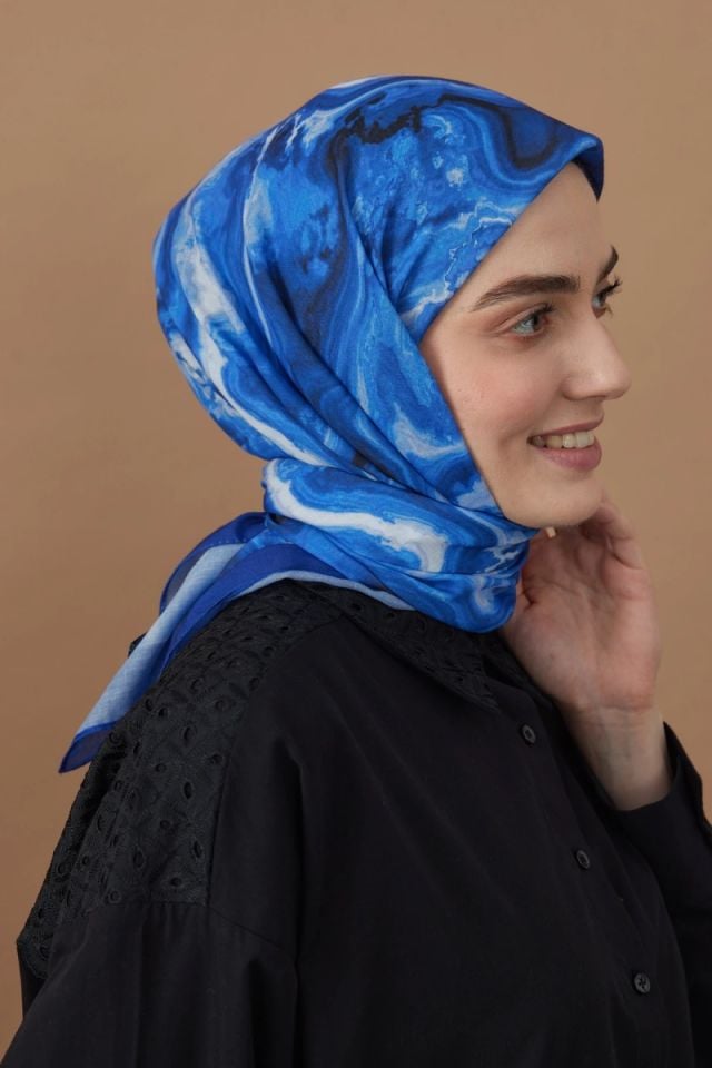 110x110 Mermer Desenli Pamuklu Eşarp - Saks