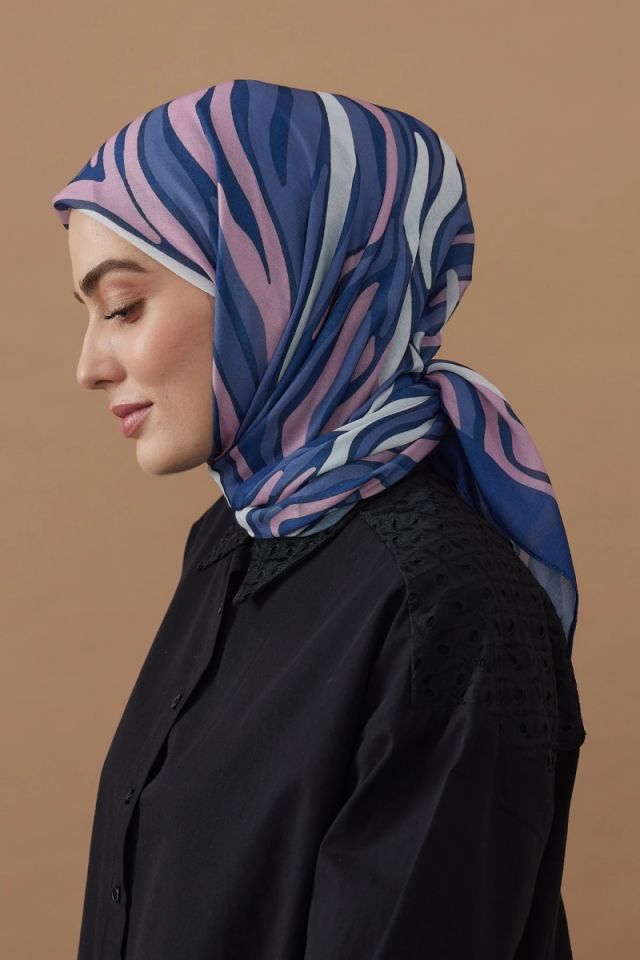 110x110 Zebra Desenli Pamuklu Eşarp - Mavi