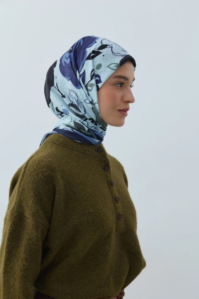Olyvia Desenli Bambu Eşarp - Mavi