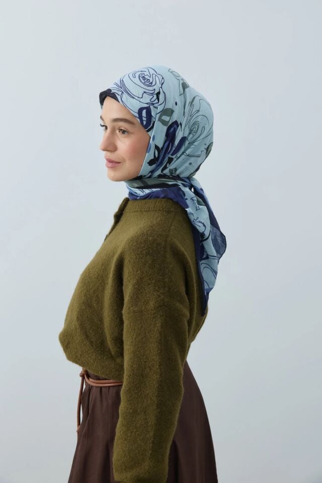 Olyvia Desenli Bambu Eşarp - Mavi