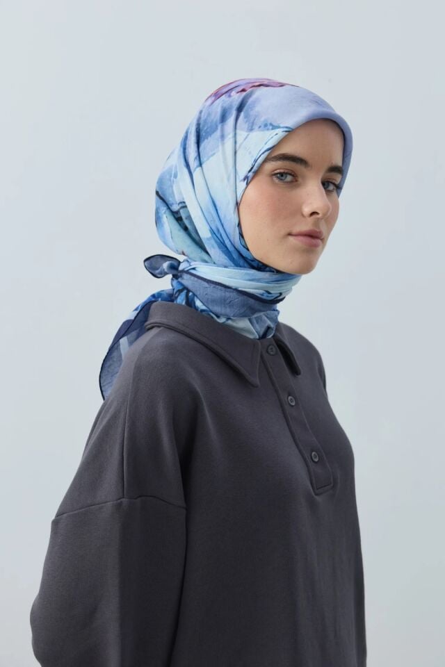 Seraphy Desenli Bambu Eşarp - Mavi