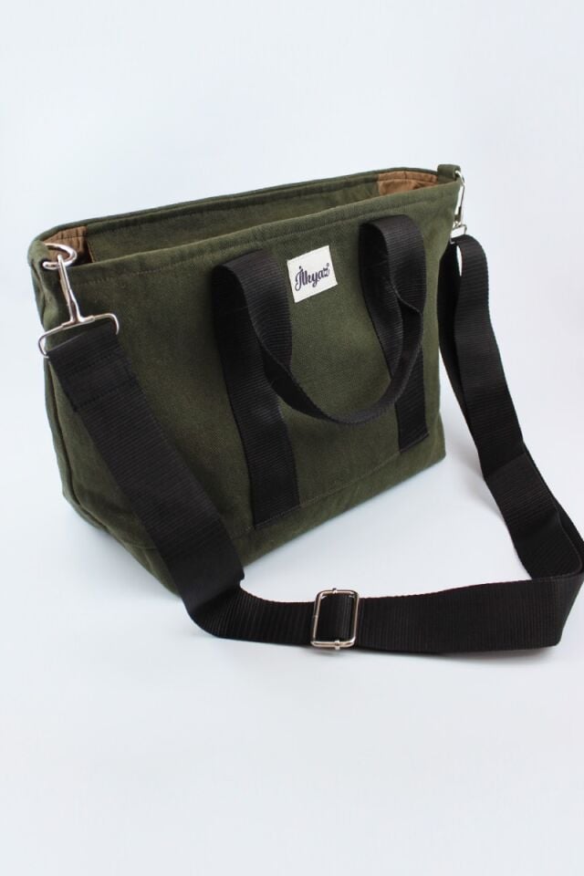 Kanvas Haki Fermuar Kapamalı Kadın El, Kol ve Omuz Çantası 28x20x15 Cm