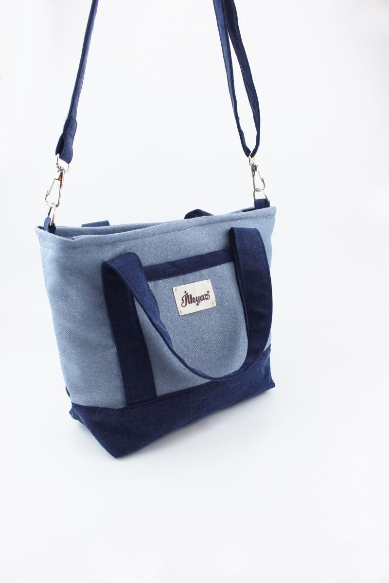 Düz Renk Kot Kumaş Mavi Kadın Küçük Boy Çapraz Omuz Çantası 29x22x11 Cm
