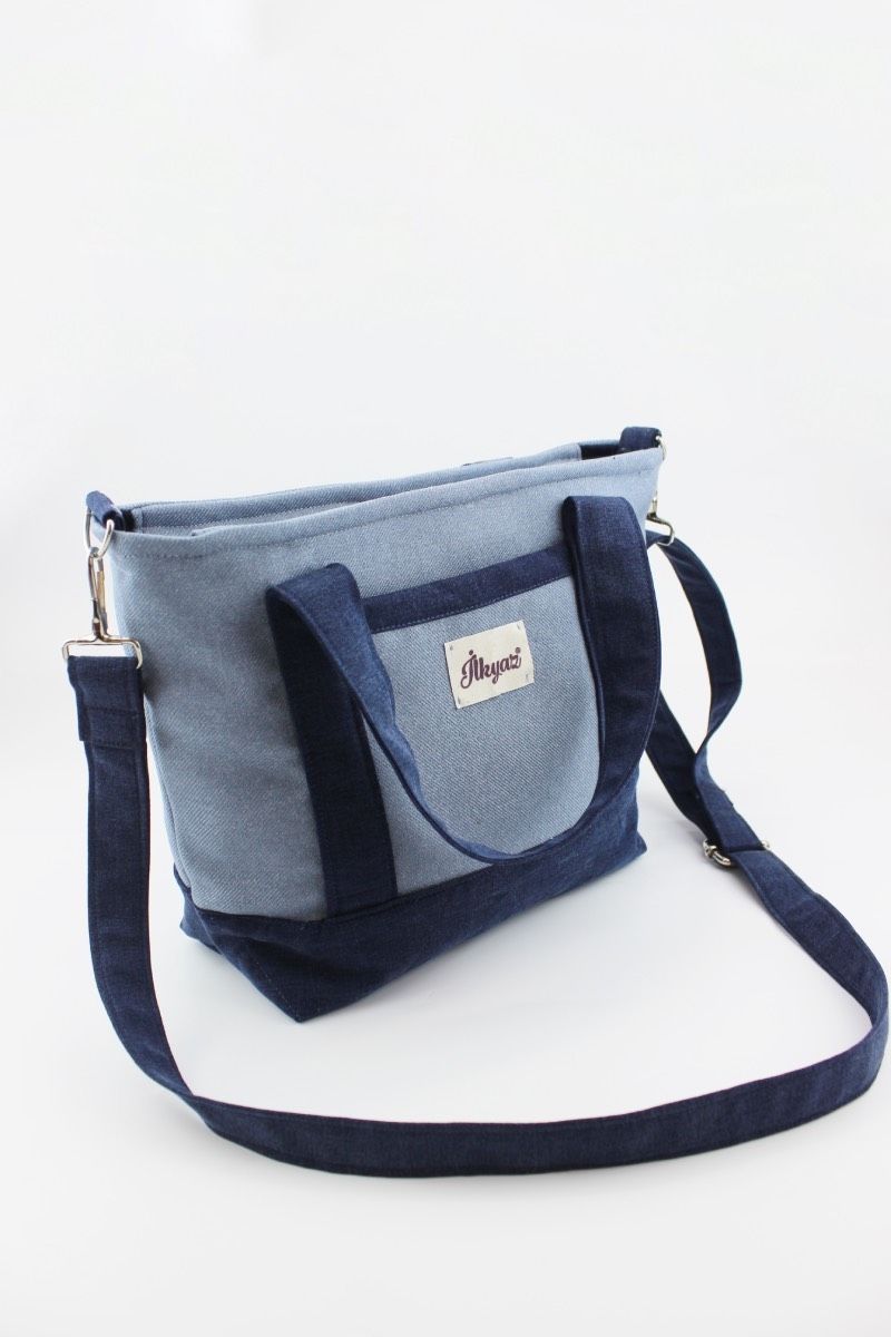 Düz Renk Kot Kumaş Mavi Kadın Küçük Boy Çapraz Omuz Çantası 29x22x11 Cm