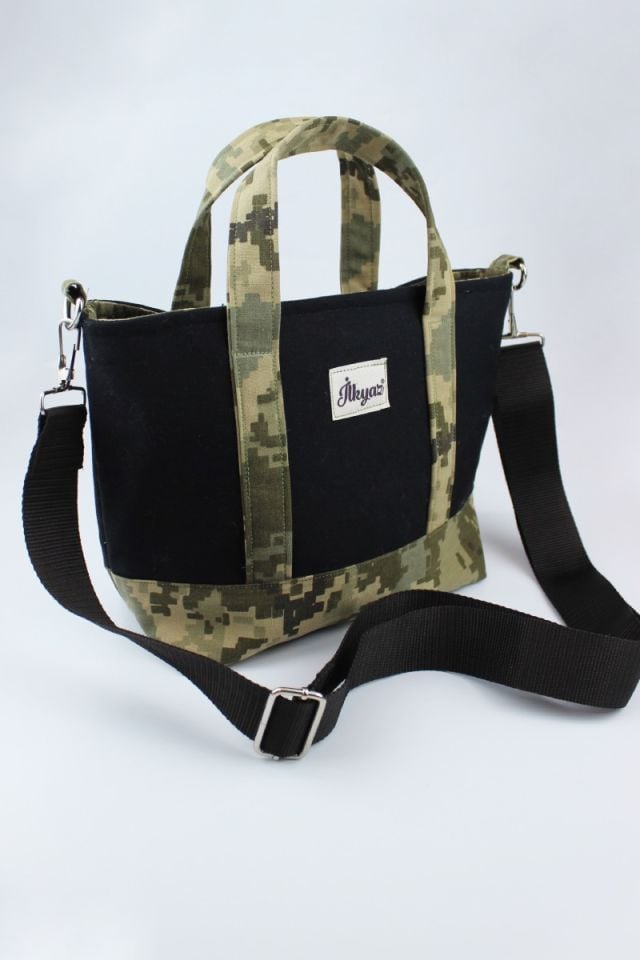 Kamuflaj Desenli Kot Kumaş Siyah Kadın Küçük Boy Çapraz Omuz Çantası 29x22x11 Cm