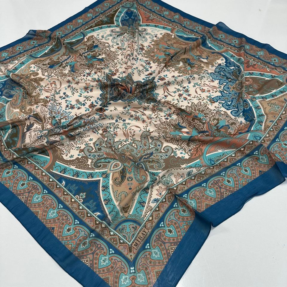 120x120 Etnik Desenli Soft Pamuk Vintage Eşarp - İndigo