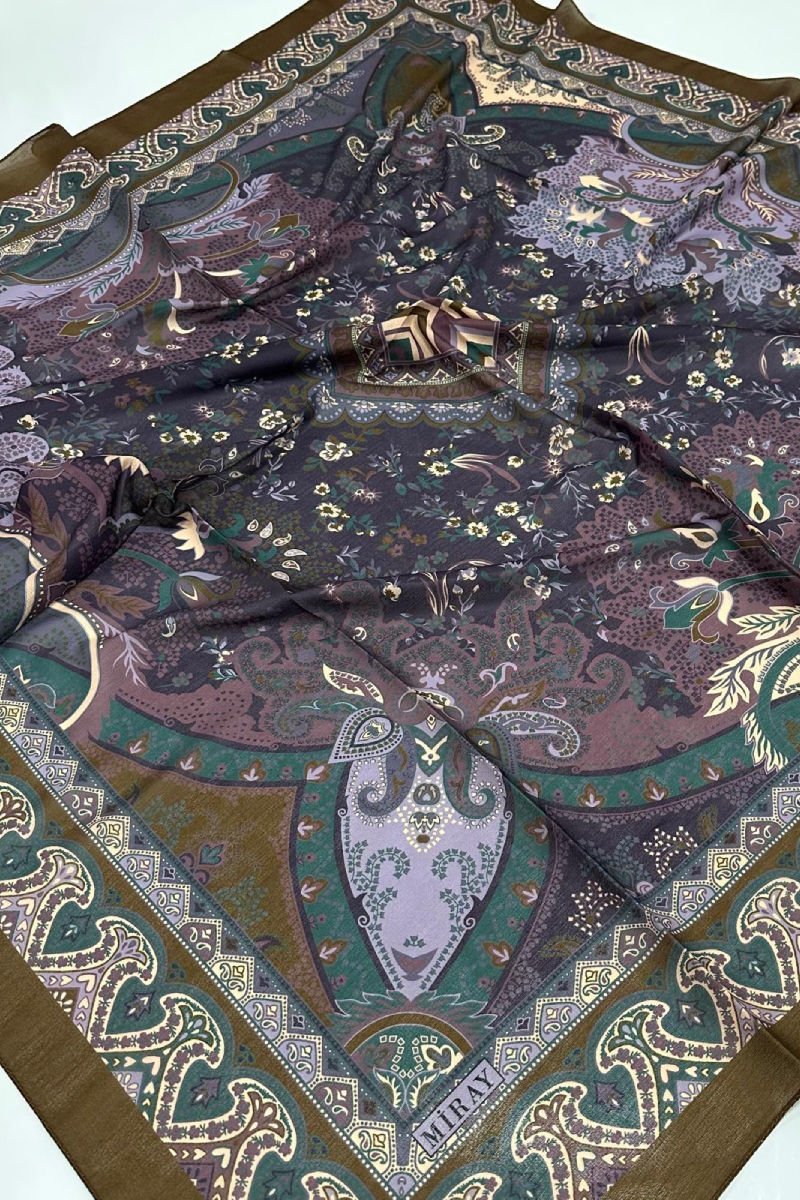 120x120 Etnik Desenli Soft Pamuk Vintage Eşarp - Yağ Yeşili