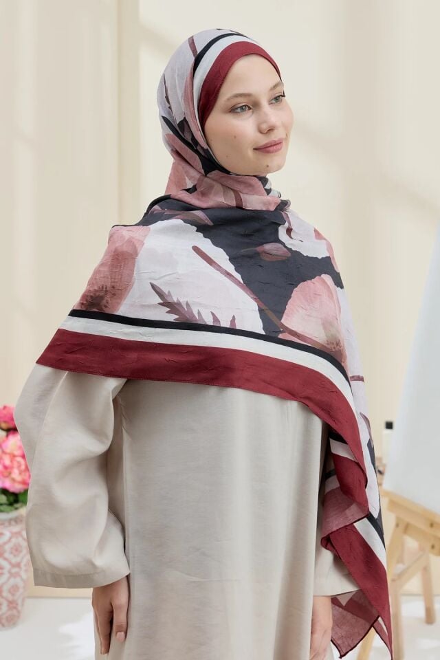 Gelincik Desen Bambu Şal - Bordo