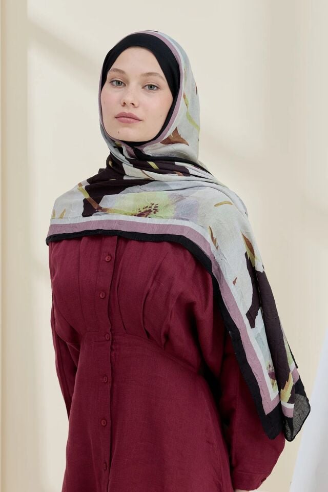Gelincik Desen Bambu Şal - Siyah Vizon