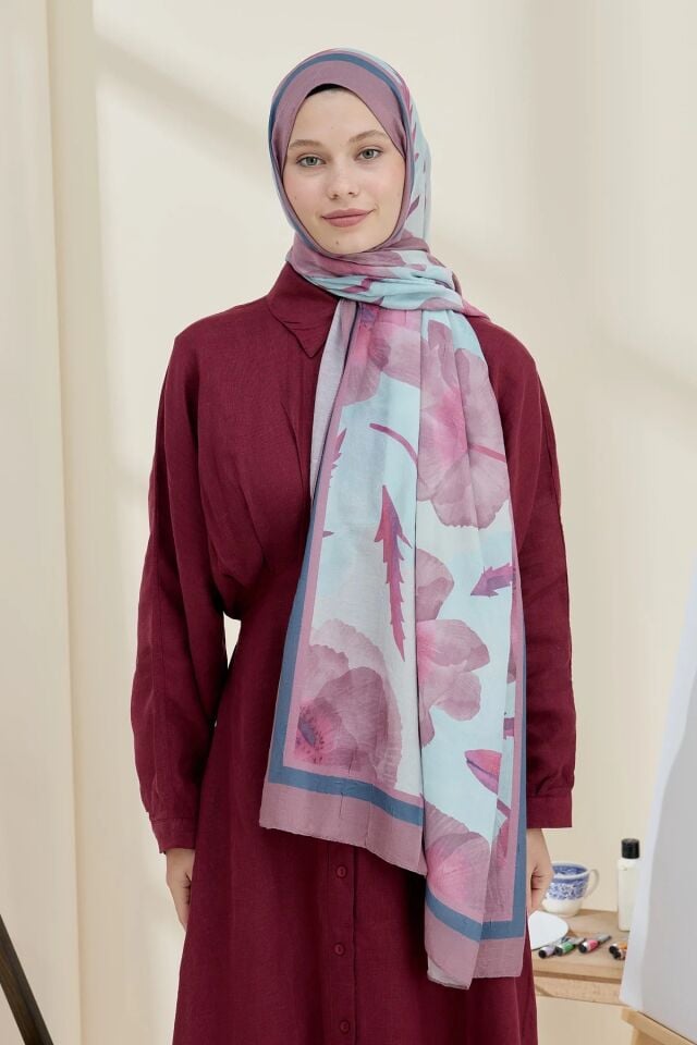 Gelincik Desen Bambu Şal - Pastel Pembe