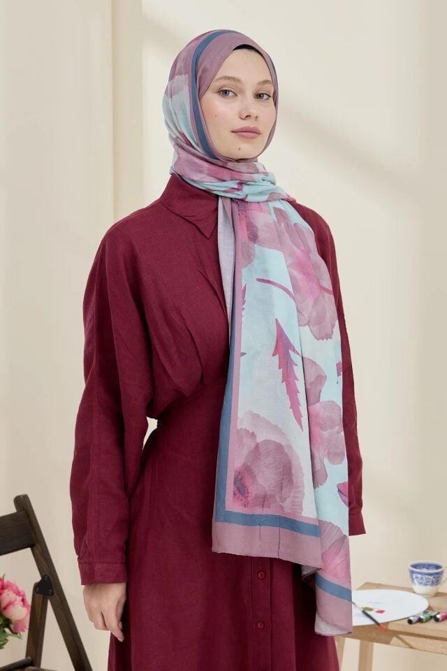 Gelincik Desen Bambu Şal - Pastel Pembe