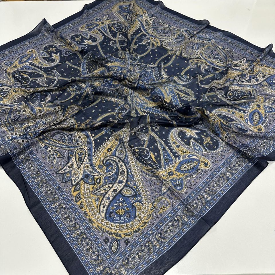 120x120 Etnik Desenli Soft Pamuk Eşarp - Lacivert Mavi