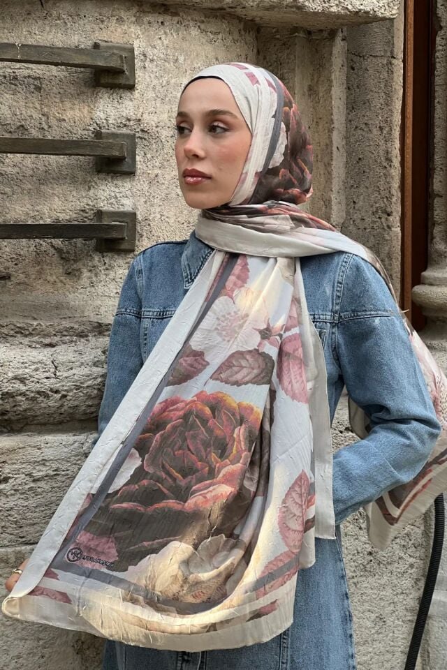 Gül Desen Bambu Şal - Bej