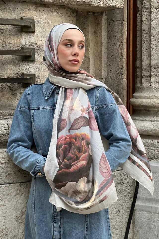 Gül Desen Bambu Şal - Bej