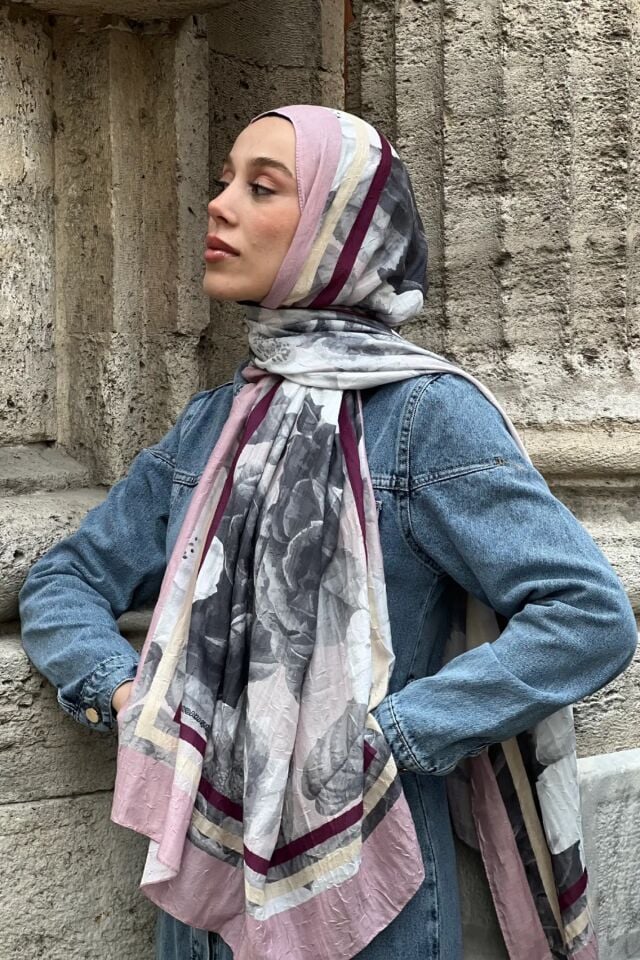 Gül Desen Bambu Şal - Pembe