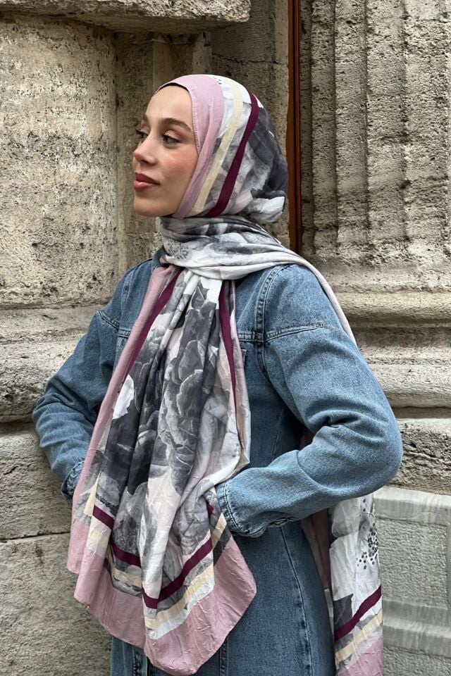 Gül Desen Bambu Şal - Pembe