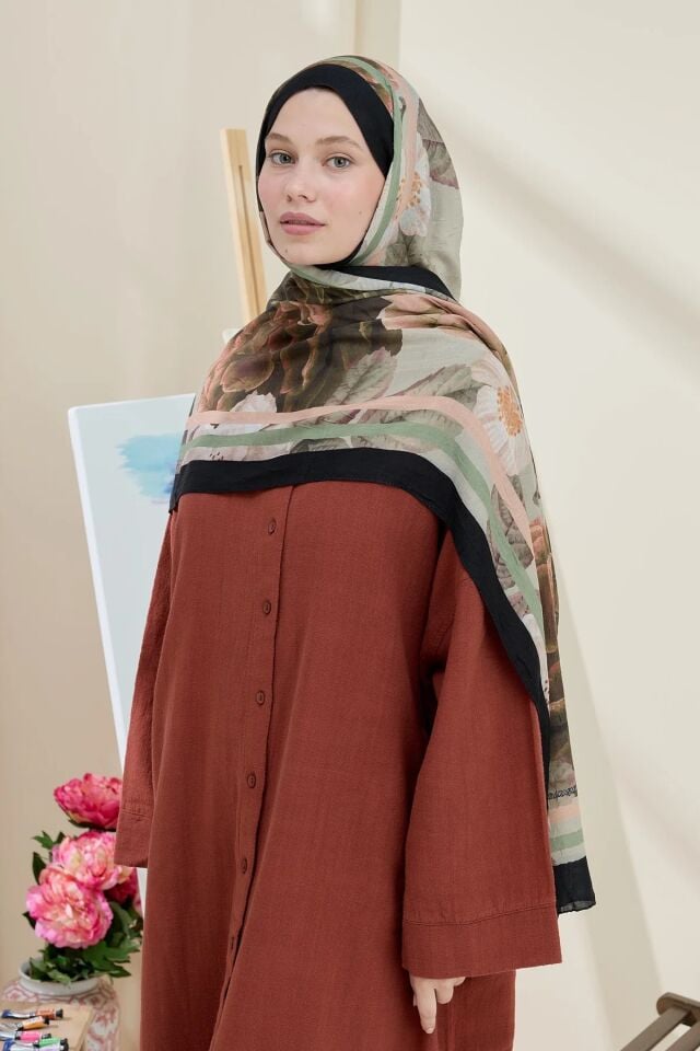 Gül Desen Bambu Şal - Siyah Yeşil