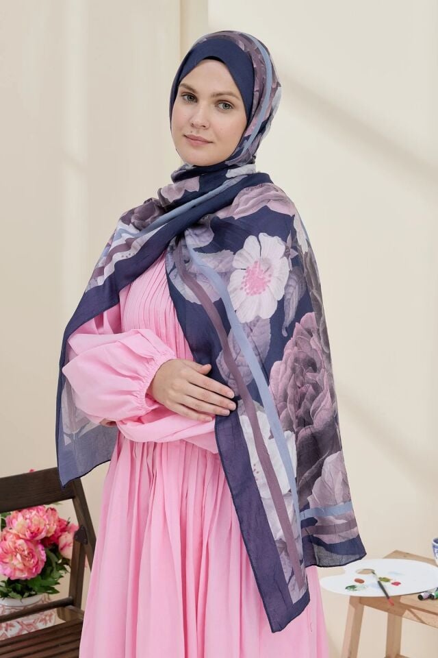 Gül Desen Bambu Şal - Lacivert