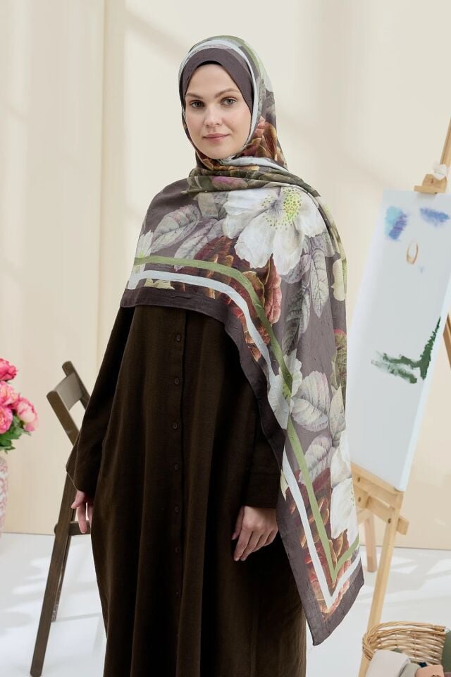 Gül Desen Bambu Şal - Acı Kahve