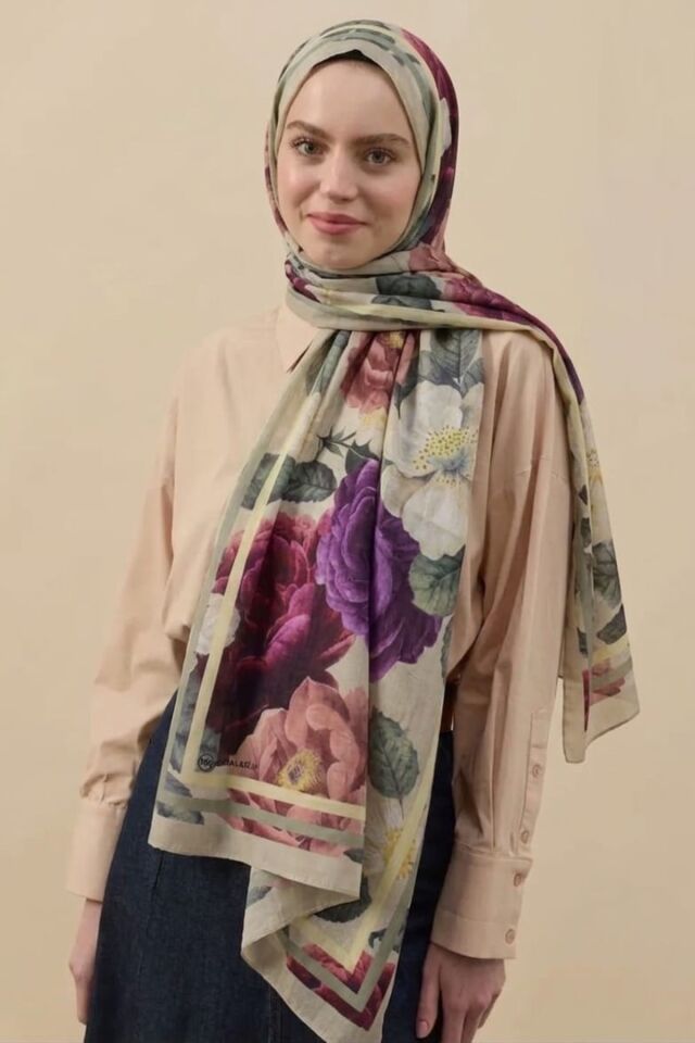 Gül Desen Bambu Şal - Ihlamur
