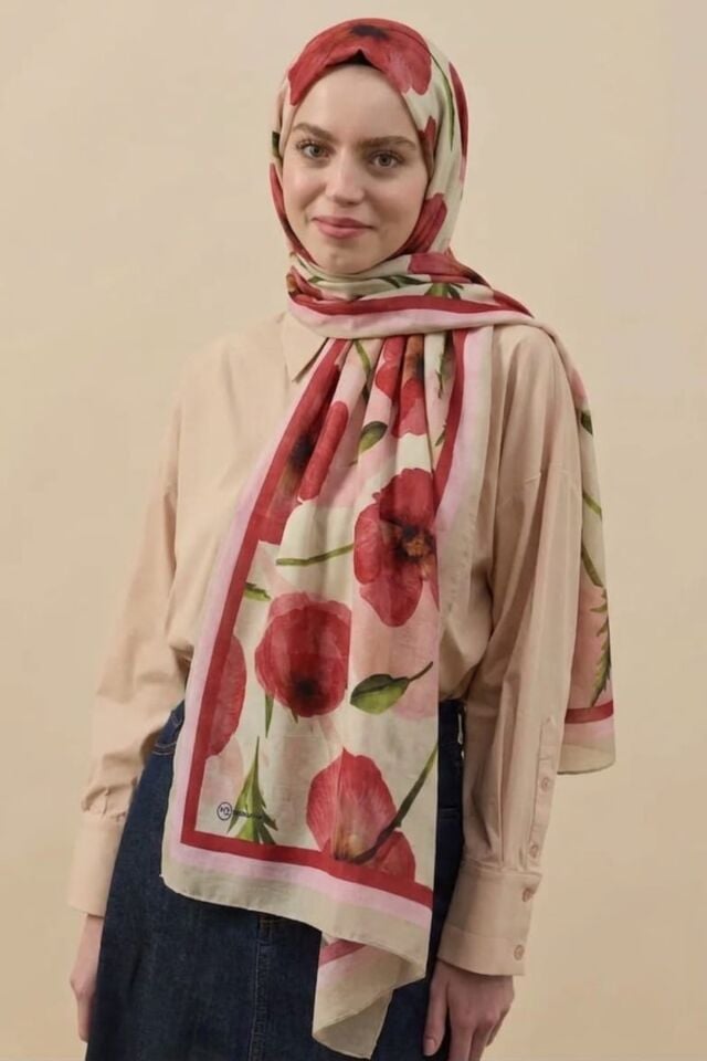 Gelincik Desen Bambu Şal - Ihlamur