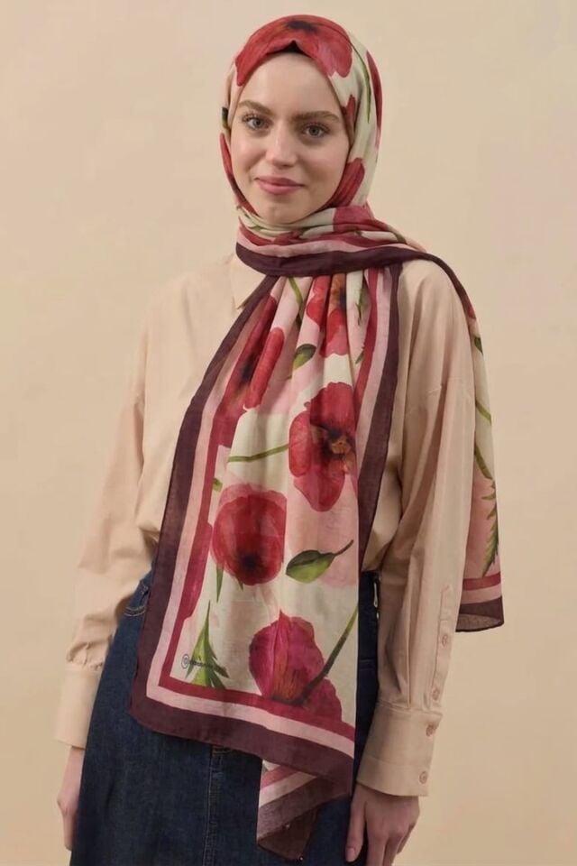 Gelincik Desen Bambu Şal - Bordo