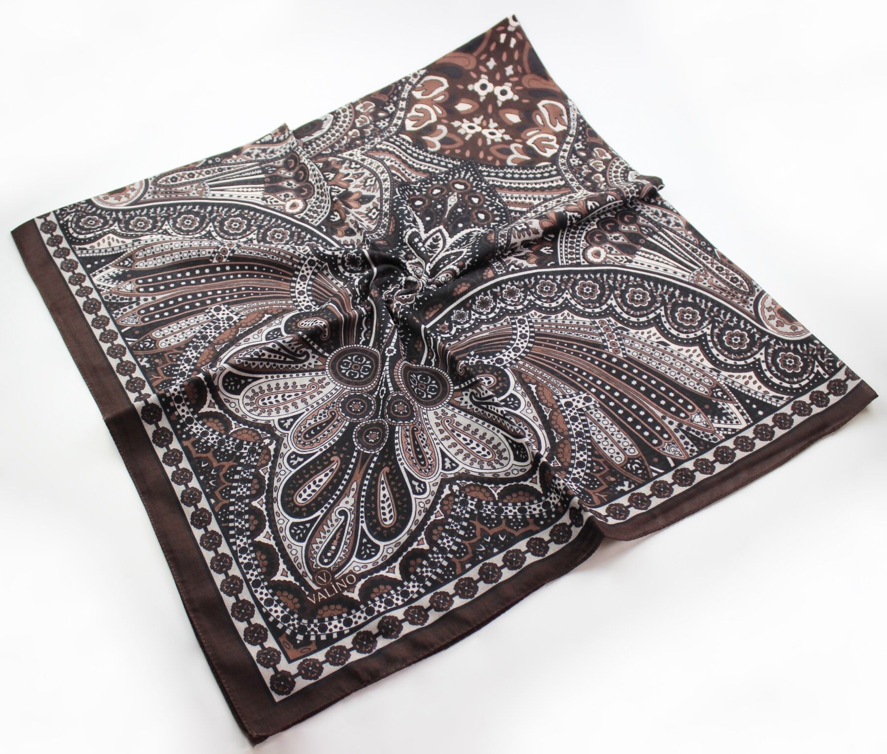 120x120 Etnik Vintage Desenli Pamuklu Eşarp - Acı Kahve