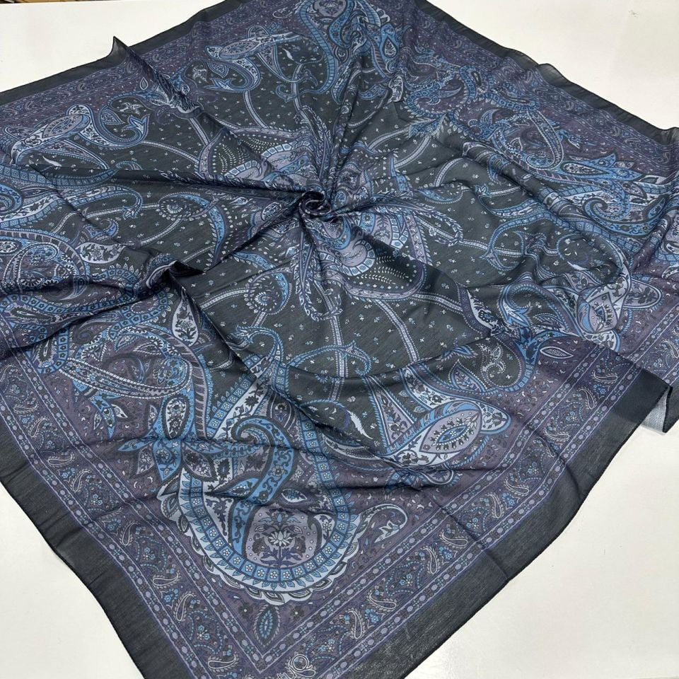 120x120 Etnik Desenli Soft Pamuk Eşarp - Mavi