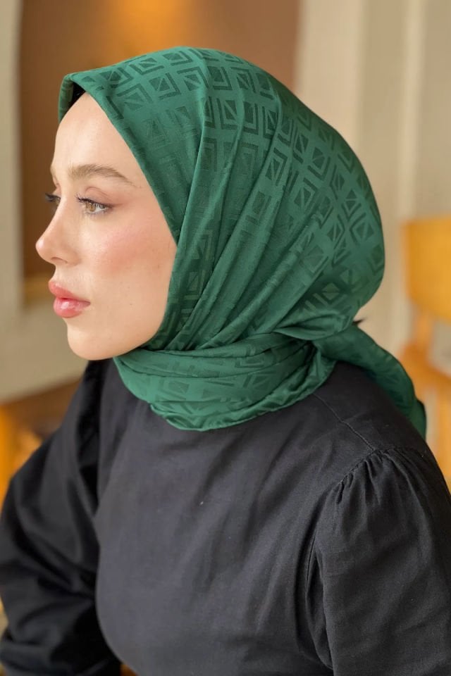 Etnik Desenli İpeksi Jakar Eşarp - Deniz Yeşili