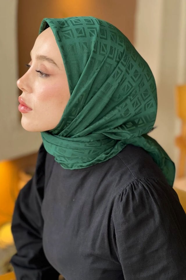 Etnik Desenli İpeksi Jakar Eşarp - Deniz Yeşili