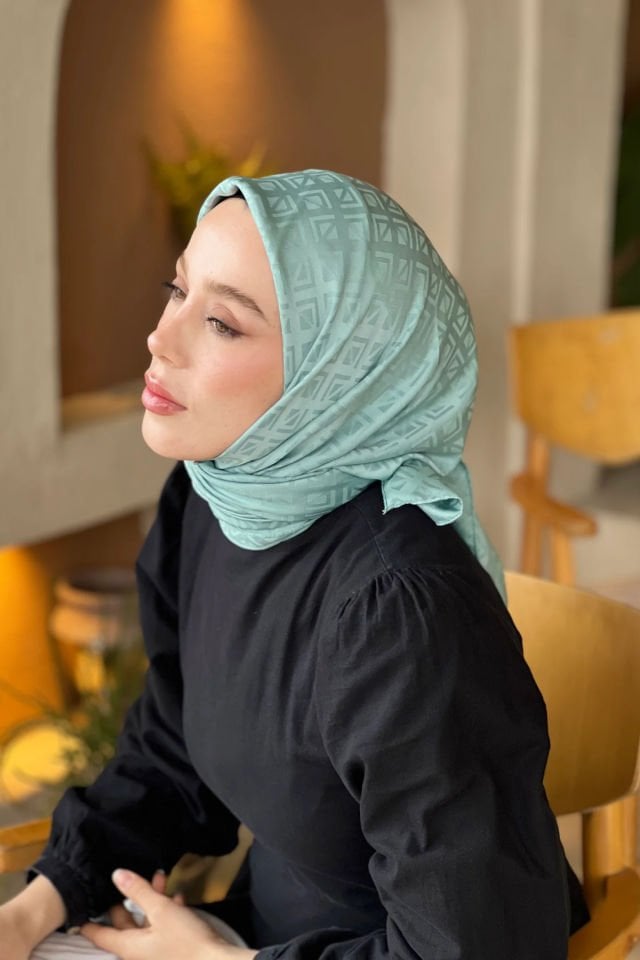 Etnik Desenli İpeksi Jakar Eşarp - Su Yeşili