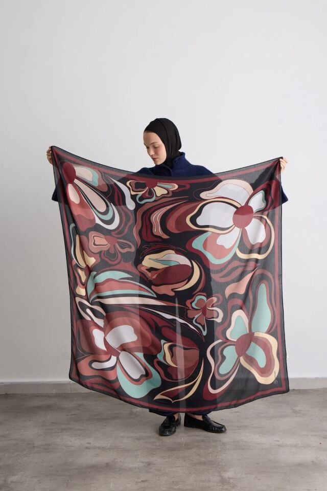 140x140 Palette Desenli Pamuklu Şal Eşarp - Siyah