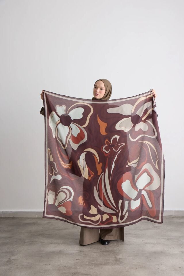 140x140 Palette Desenli Pamuklu Şal Eşarp - Acı Kahve