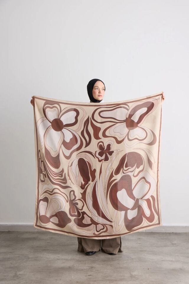 140x140 Palette Desenli Pamuklu Şal Eşarp - Bej
