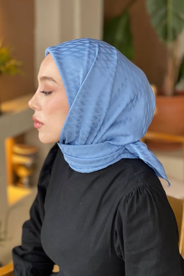 Damla Desenli İpeksi Jakar Eşarp - Açık Mavi