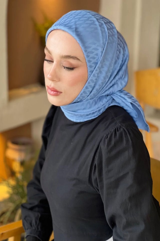 Damla Desenli İpeksi Jakar Eşarp - Açık Mavi