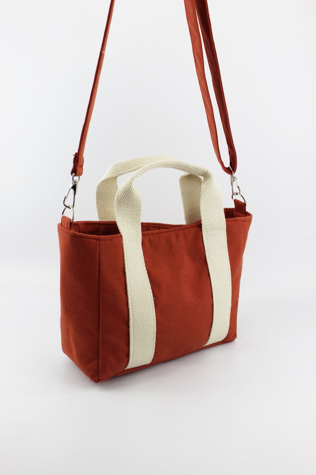 Düz Renk Keten Kumaş Çıtçıt Kapamalı Kiremit Kadın Küçük Boy Çapraz Omuz Çantası 25x20x9 Cm