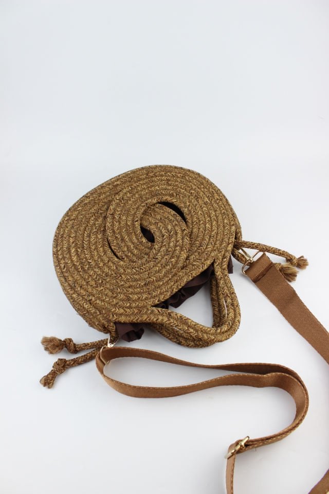 Mini Boy Ayarlanabilir Askılı Kahverengi Keseli Sonsuzluk Model Hasır Kadın El ve Omuz Çantası 24x17x7 Cm