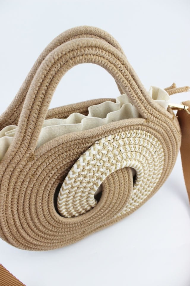 Mini Boy Ayarlanabilir Askılı Bej Keseli Sonsuzluk Model Hasır Kadın El ve Omuz Çantası 24x17x7 Cm