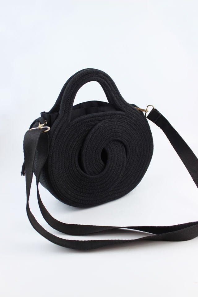 Mini Boy Ayarlanabilir Askılı Siyah Keseli Sonsuzluk Model Hasır Kadın El ve Omuz Çantası 24x17x7 Cm