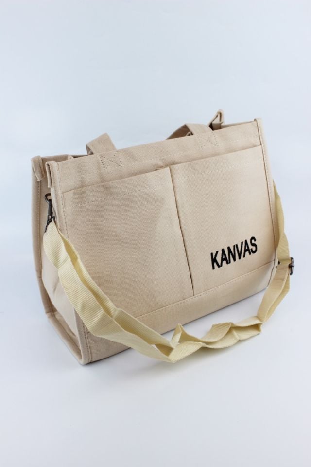 Kanvas Krem 2 Cepli Fermuar Kapamalı Kadın El ve Omuz Çantası 33x27x14 Cm