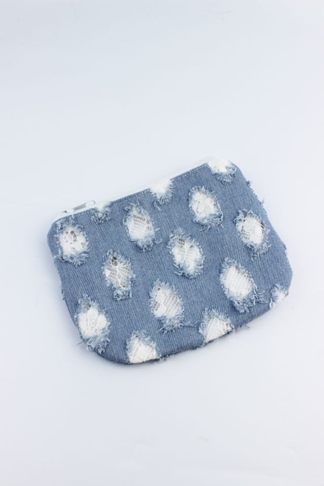 Kendinden Desenli Kot Kumaş Fermuar Kapamalı Mavi Küçük Boy Bozuk Para Cüzdanı