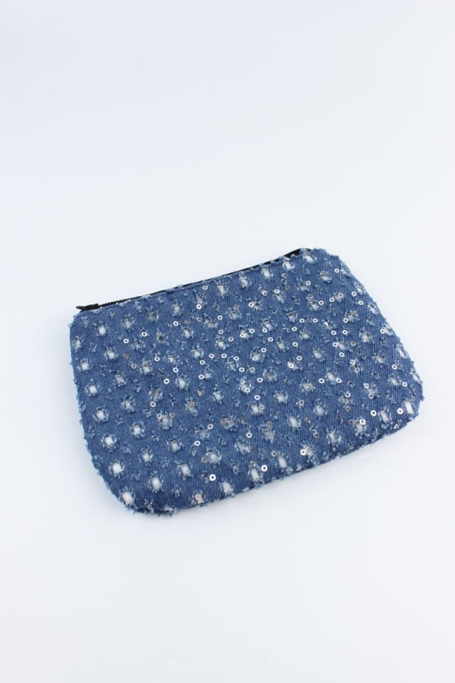 Kendinden Desenli Kot Kumaş Fermuar Kapamalı Koyu Mavi Küçük Boy Bozuk Para Cüzdanı