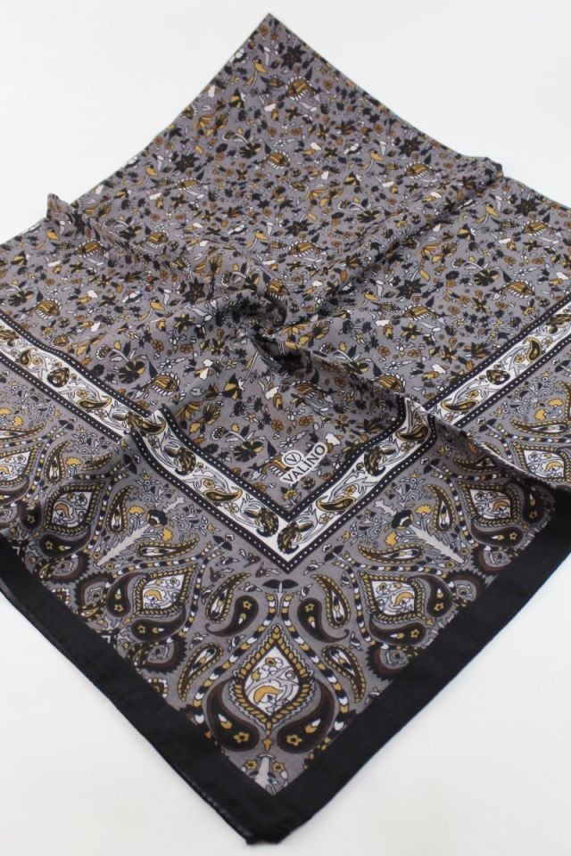 120x120 Etnik Desenli Pamuklu Çiçek Eşarp - Antrasit