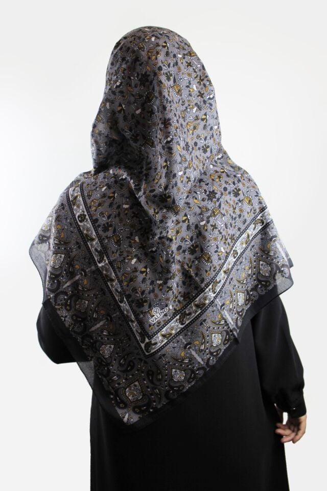 120x120 Etnik Desenli Pamuklu Çiçek Eşarp - Antrasit